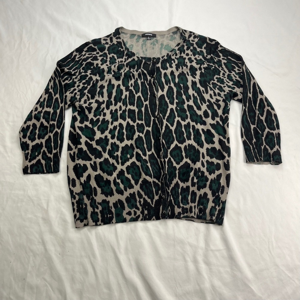 Premise Leopard Animal‎ Print Green Grey Button Front Knit Cardigan Sweater